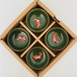 Anthropologie Set of 4 Green Ceramic Dishes with Red Koi Detail